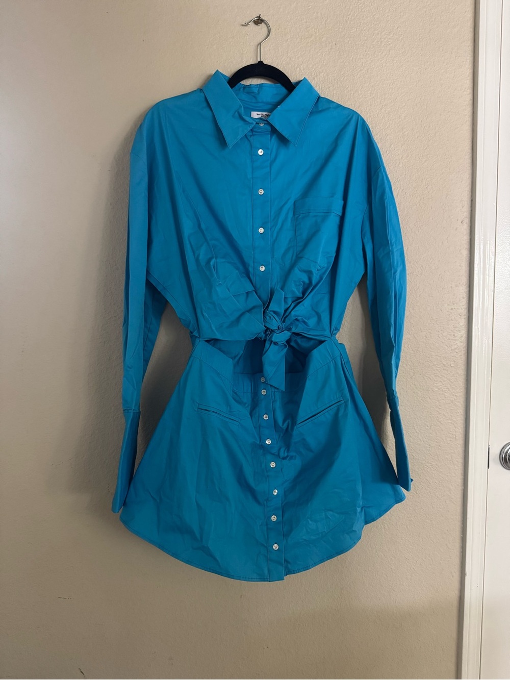 Button-Front Teal Mini Shirt Dress with Front Tie